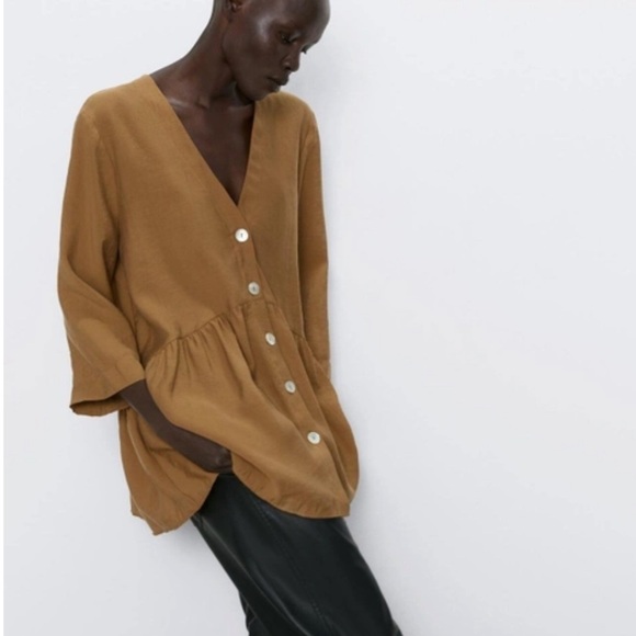 ZARA Tan Button Up Peplum‎ Blouse Tunic - Picture 2 of 6
